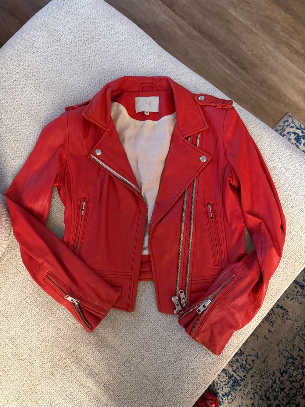 IRO Red Leather Moto Jacket with Silver Hardware